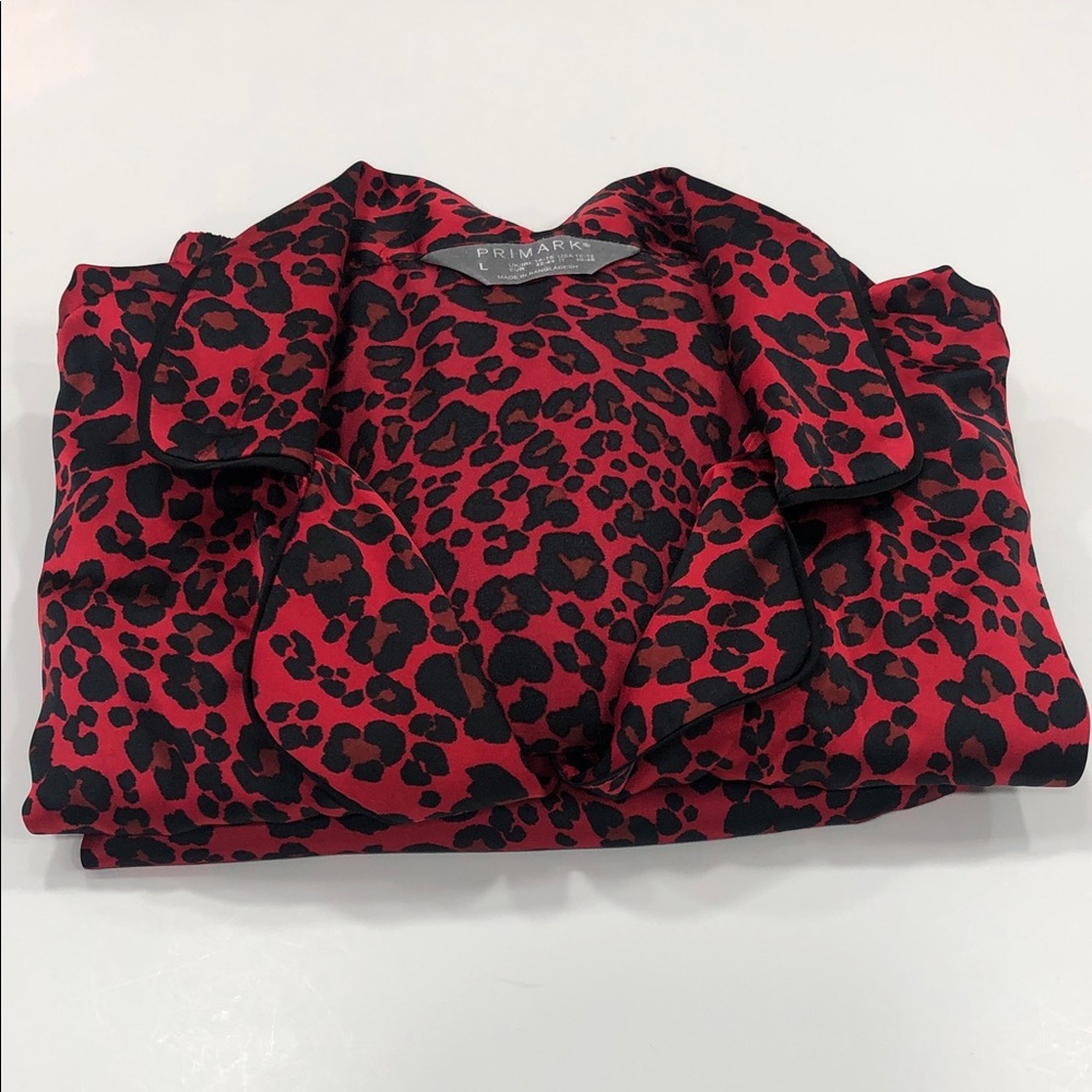 Primark Red & Black Leopard Print Satin Pajama Set | Top L, Pants M - Picture 13 of 14